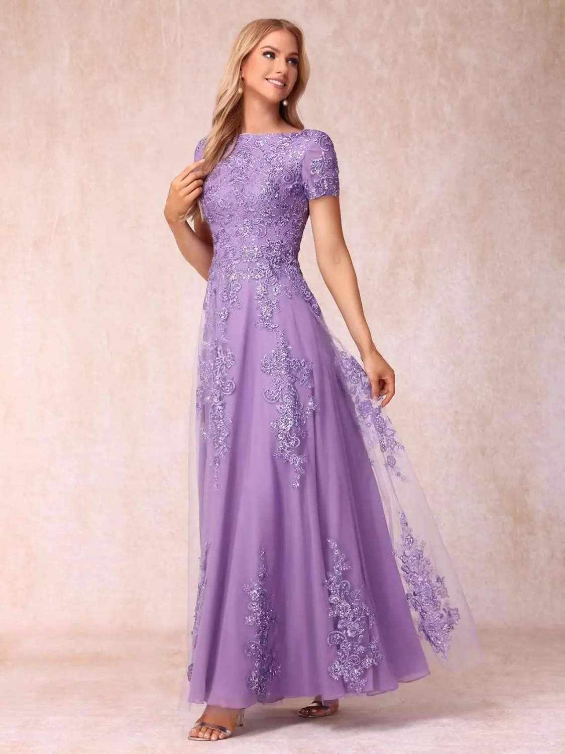 Lace Applique Mother of The Bride Dresses for Wedding Sequin Tulle Lace Crew Neck Formal Dresses