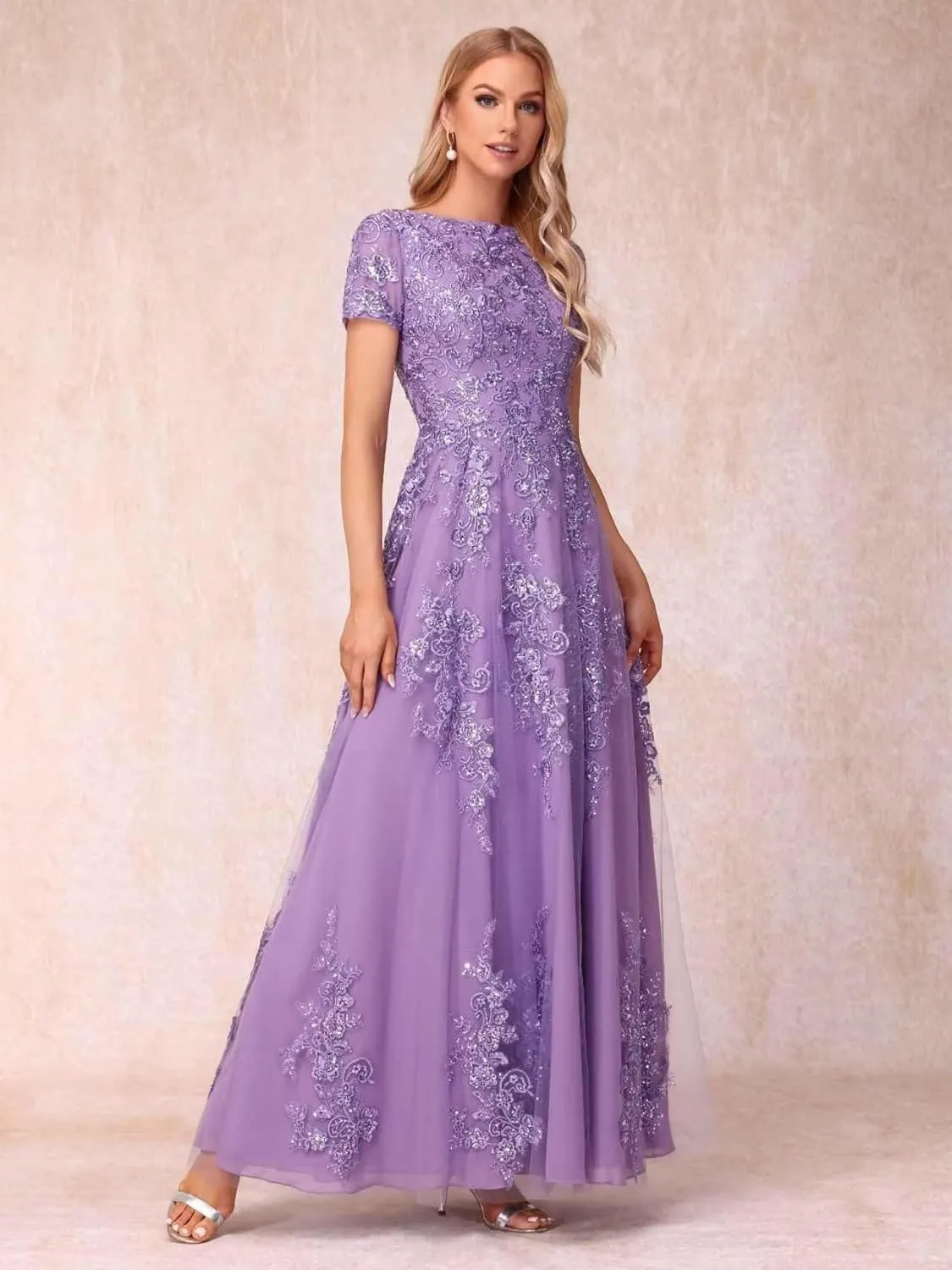 Lace Applique Mother of The Bride Dresses for Wedding Sequin Tulle Lace Crew Neck Formal Dresses