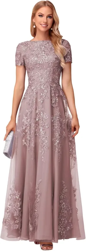 Lace Applique Mother of The Bride Dresses for Wedding Sequin Tulle Lace Crew Neck Formal Dresses