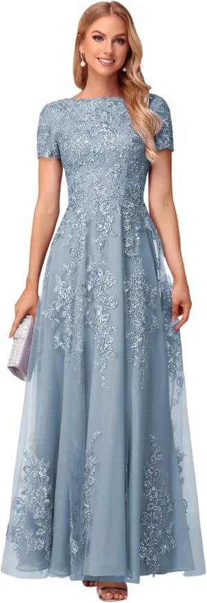 Lace Applique Mother of The Bride Dresses for Wedding Sequin Tulle Lace Crew Neck Formal Dresses