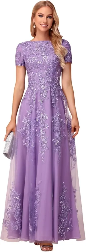 Lace Applique Mother of The Bride Dresses for Wedding Sequin Tulle Lace Crew Neck Formal Dresses