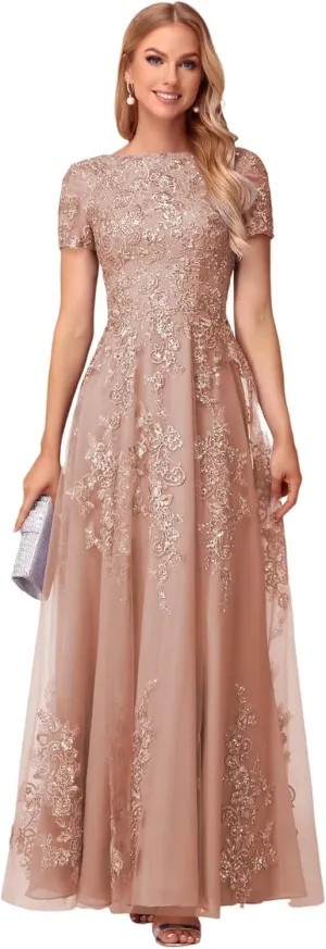 Lace Applique Mother of The Bride Dresses for Wedding Sequin Tulle Lace Crew Neck Formal Dresses