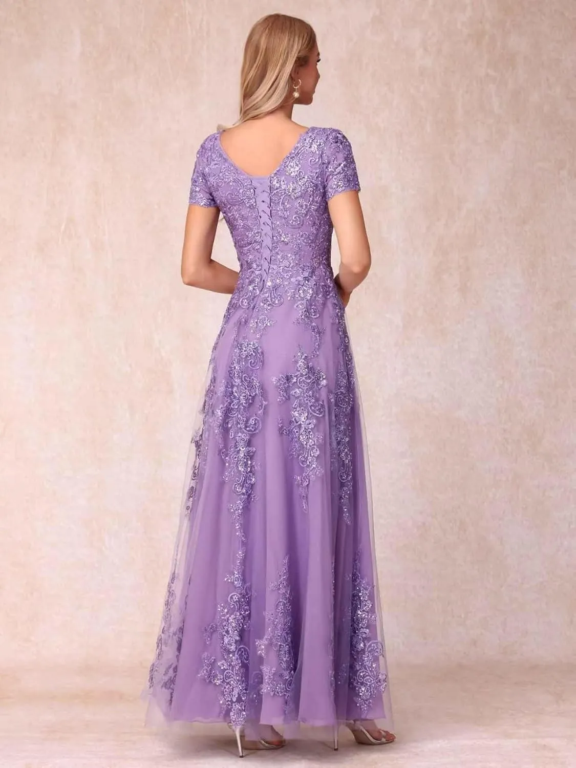 Lace Applique Mother of The Bride Dresses for Wedding Sequin Tulle Lace Crew Neck Formal Dresses