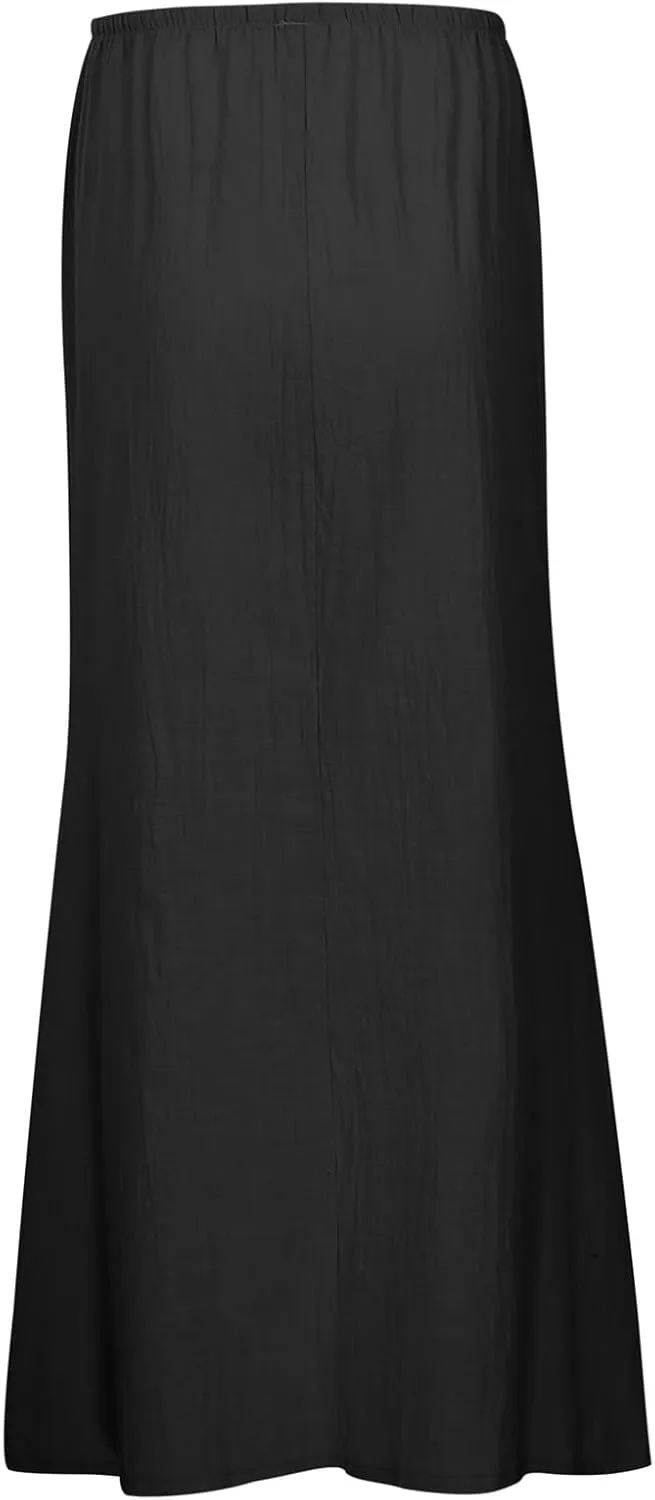 Linen Flared Maxi Skirts for Women 2025 Summer Trendy Elastic Waist Drawstring Long Flowy Pencil Skirt