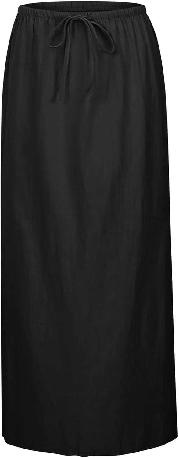Linen Flared Maxi Skirts for Women 2025 Summer Trendy Elastic Waist Drawstring Long Flowy Pencil Skirt