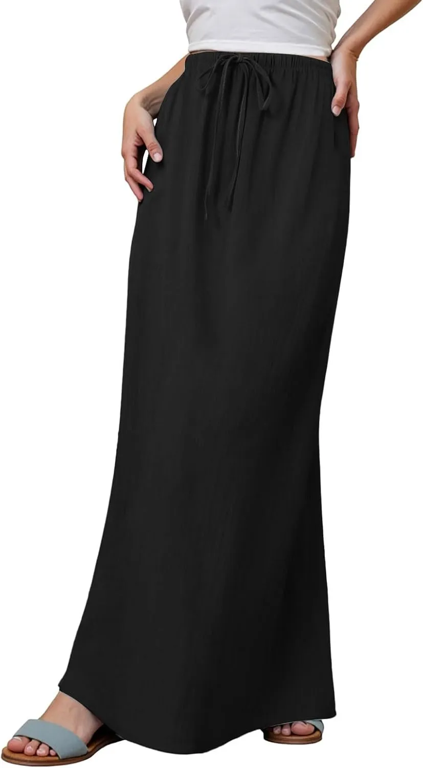 Linen Flared Maxi Skirts for Women 2025 Summer Trendy Elastic Waist Drawstring Long Flowy Pencil Skirt