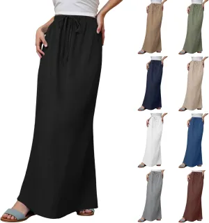 Linen Flared Maxi Skirts for Women 2025 Summer Trendy Elastic Waist Drawstring Long Flowy Pencil Skirt