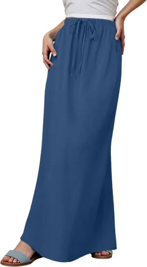 Linen Flared Maxi Skirts for Women 2025 Summer Trendy Elastic Waist Drawstring Long Flowy Pencil Skirt