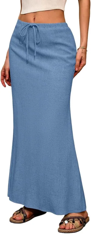 Linen Maxi Skirts for Women 2025 Drawstring Elastic Waist Back Slit Pencil Skirt Summer Long Flowy Skirt with Pockets