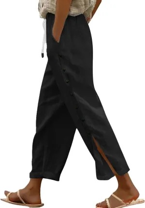 Linen Pants for Women 2025 Spring Summer Lightweight Long Pants Vacation Beach Trousers Side-Buttoned Closure Joggers