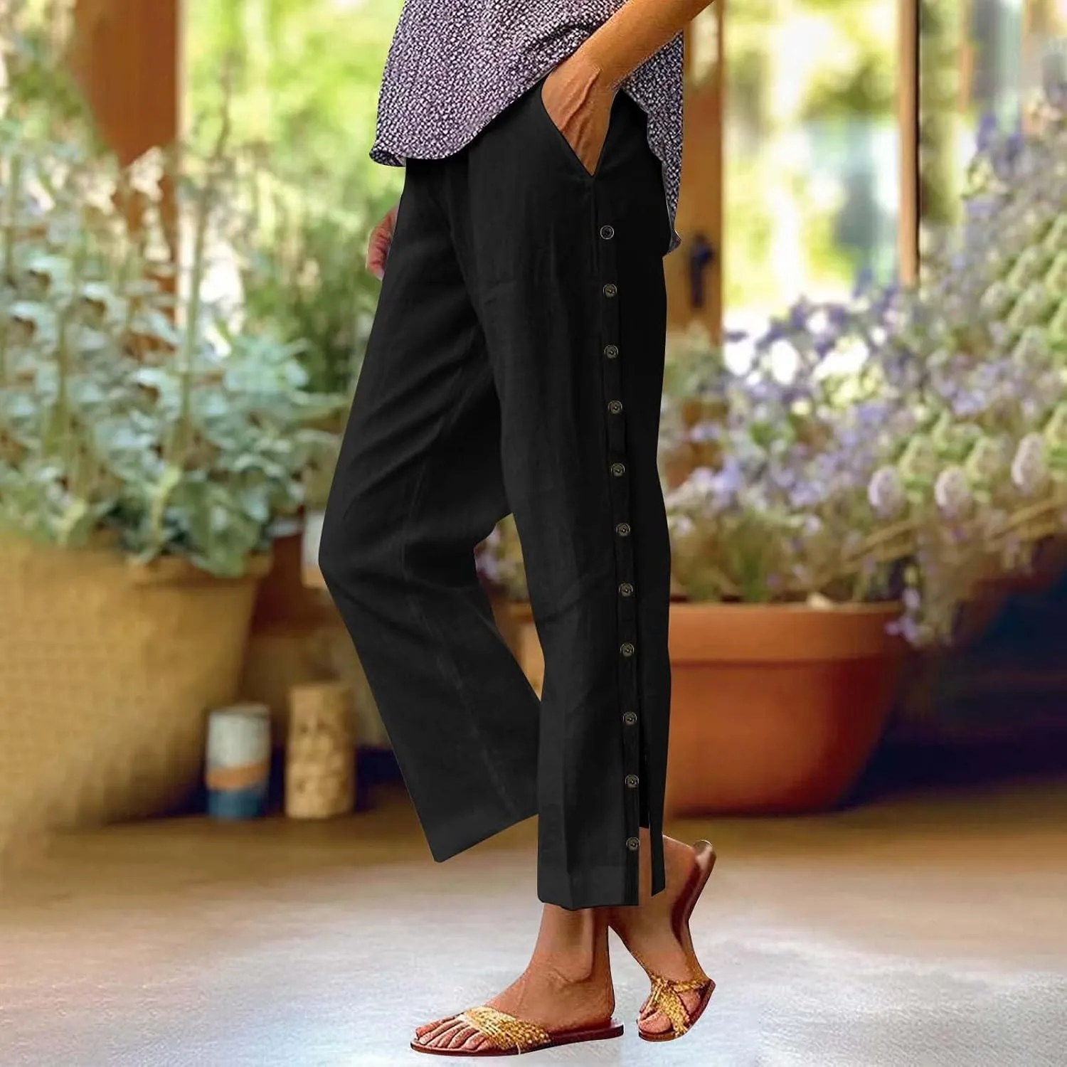 Linen Pants for Women 2025 Spring Summer Lightweight Long Pants Vacation Beach Trousers Side-Buttoned Closure Joggers