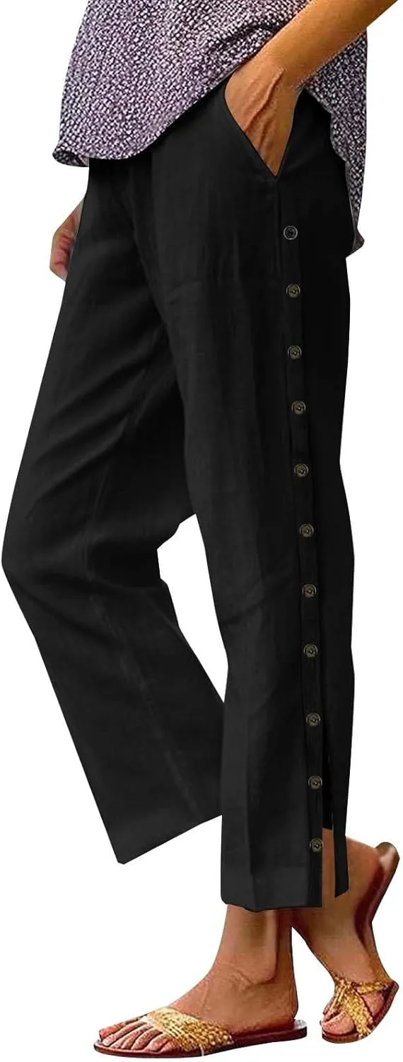 Linen Pants for Women 2025 Spring Summer Lightweight Long Pants Vacation Beach Trousers Side-Buttoned Closure Joggers