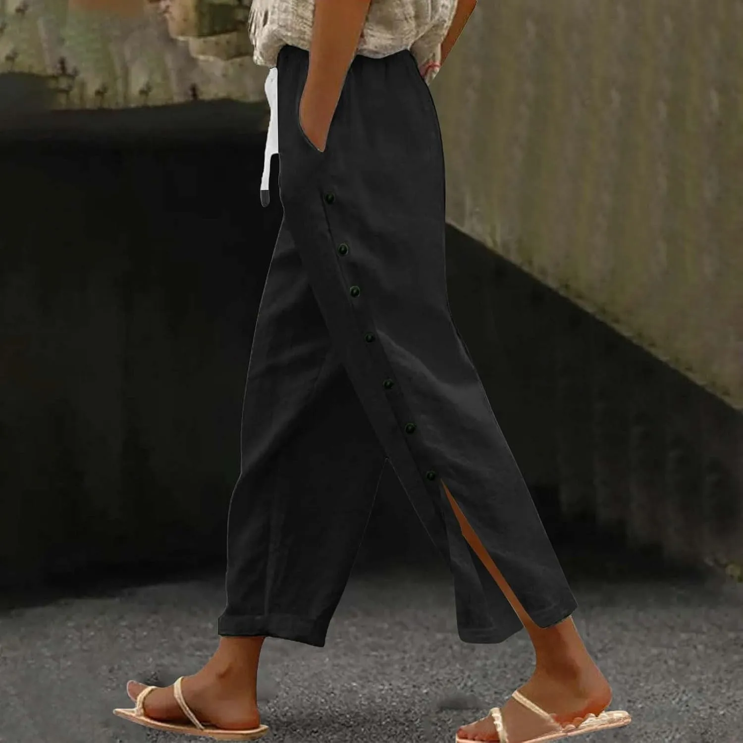 Linen Pants for Women 2025 Spring Summer Lightweight Long Pants Vacation Beach Trousers Side-Buttoned Closure Joggers