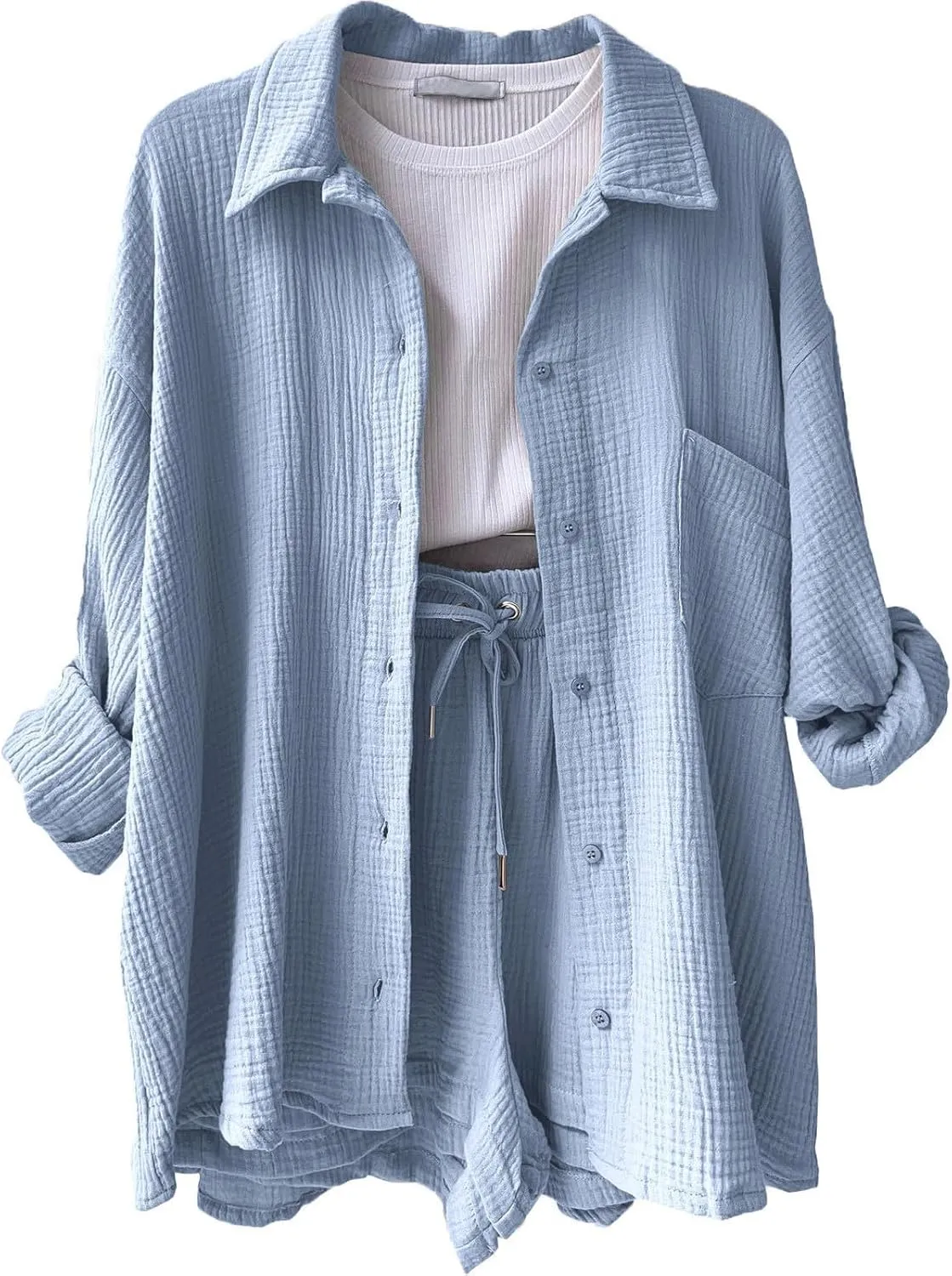 Linen Sets for Women 2 Piece Button Down Long Sleeve Shirts and Drawstring Shorts Set Matching Summer Lounge Sets