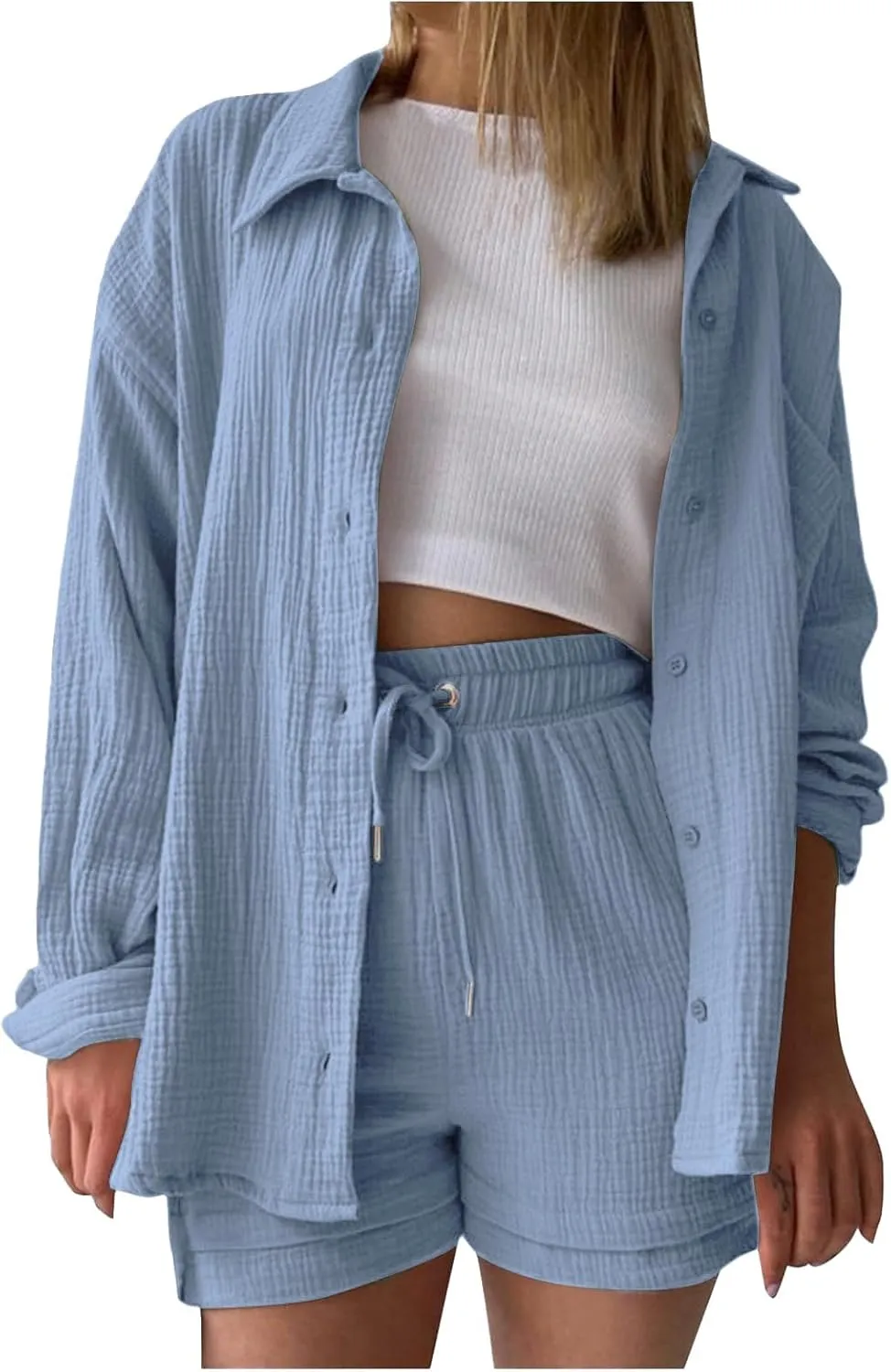 Linen Sets for Women 2 Piece Button Down Long Sleeve Shirts and Drawstring Shorts Set Matching Summer Lounge Sets