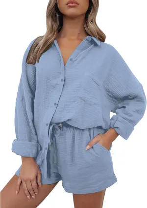 Linen Sets for Women 2 Piece Button Down Long Sleeve Shirts and Drawstring Shorts Set Matching Summer Lounge Sets