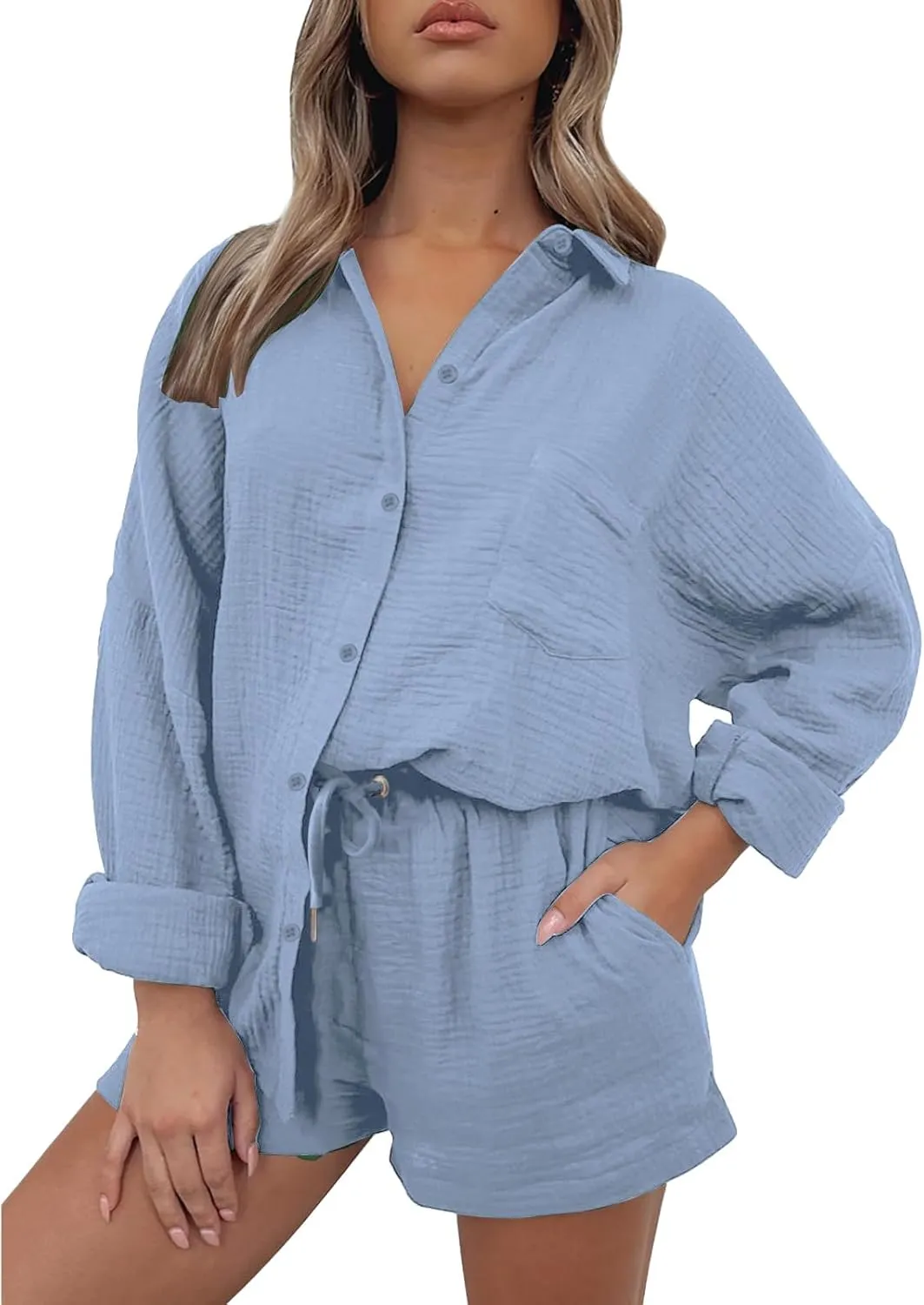 Linen Sets for Women 2 Piece Button Down Long Sleeve Shirts and Drawstring Shorts Set Matching Summer Lounge Sets