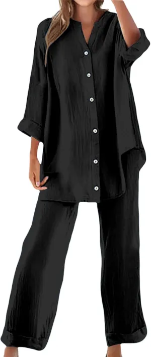 Linen Sets for Women Summer Lightweight Lapel Button Down Long Sleeve Shirts Wide Leg Pant 2 Piece Outfits Tracksuit