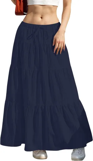 Linen Skirts for Women Flowy Summer Tiered Maxi Skirt Drawstring High Waisted Pleated Ruffle Long Skirt Beach Coverup