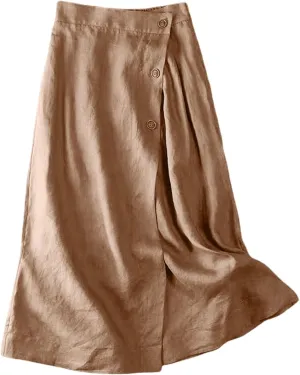 Linen Skirts for Women Summer Elastic Back Buttoned Side Solir Color Swing Midi A Line Skirt