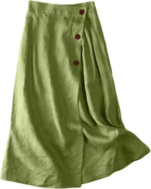 Linen Skirts for Women Summer Elastic Back Buttoned Side Solir Color Swing Midi A Line Skirt