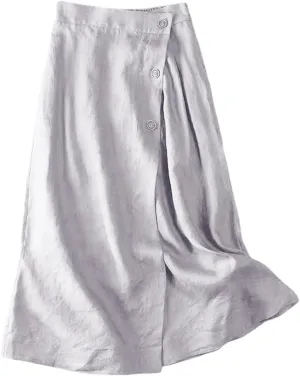Linen Skirts for Women Summer Elastic Back Buttoned Side Solir Color Swing Midi A Line Skirt