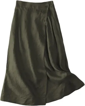 Linen Skirts for Women Summer Elastic Back Buttoned Side Solir Color Swing Midi A Line Skirt