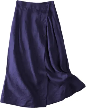 Linen Skirts for Women Summer Elastic Back Buttoned Side Solir Color Swing Midi A Line Skirt
