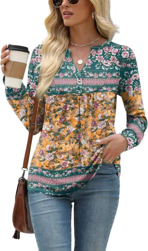 LOMON Long Sleeve Shirts for Women Henley V Neck T-Shirt Dressy Casual Pleated Tops Pullover Tunic Spring Clothes 2025 S-XXL