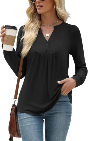 LOMON Long Sleeve Shirts for Women Henley V Neck T-Shirt Dressy Casual Pleated Tops Pullover Tunic Spring Clothes 2025 S-XXL