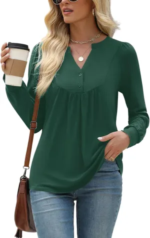 LOMON Long Sleeve Shirts for Women Henley V Neck T-Shirt Dressy Casual Pleated Tops Pullover Tunic Spring Clothes 2025 S-XXL