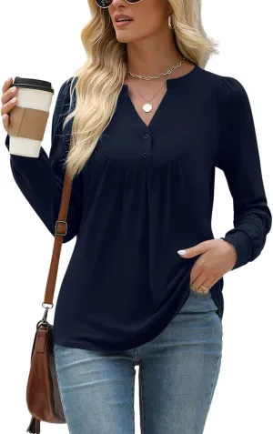 LOMON Long Sleeve Shirts for Women Henley V Neck T-Shirt Dressy Casual Pleated Tops Pullover Tunic Spring Clothes 2025 S-XXL