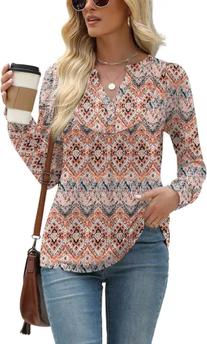 LOMON Long Sleeve Shirts for Women Henley V Neck T-Shirt Dressy Casual Pleated Tops Pullover Tunic Spring Clothes 2025 S-XXL