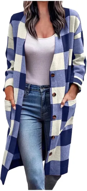 Long Flannel Jacket Women Plaid Shacket Shirt Casual Button Wool Blend Winter Tartan Trench Coat Oversized with Pocket