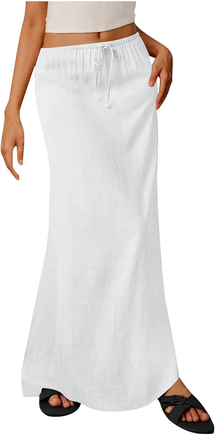 Long Skirts for Women Boho Vacation Flowy Maxi Skirt Lightweight Drawstring Low Rise Ankle Length Slim A Line Skirt