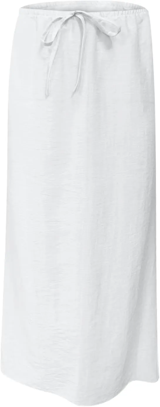 Long Skirts for Women Boho Vacation Flowy Maxi Skirt Lightweight Drawstring Low Rise Ankle Length Slim A Line Skirt