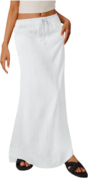 Long Skirts for Women Boho Vacation Flowy Maxi Skirt Lightweight Drawstring Low Rise Ankle Length Slim A Line Skirt