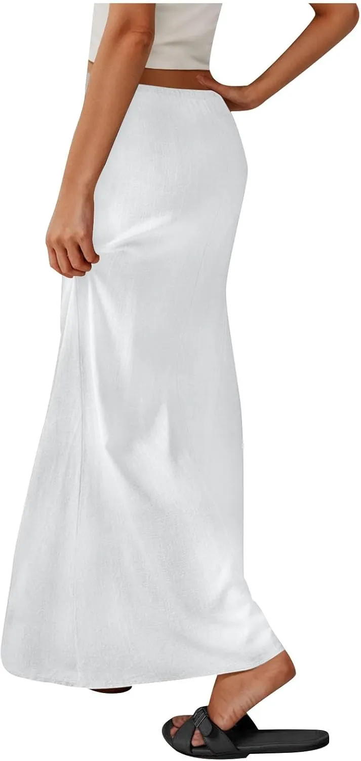 Long Skirts for Women Boho Vacation Flowy Maxi Skirt Lightweight Drawstring Low Rise Ankle Length Slim A Line Skirt