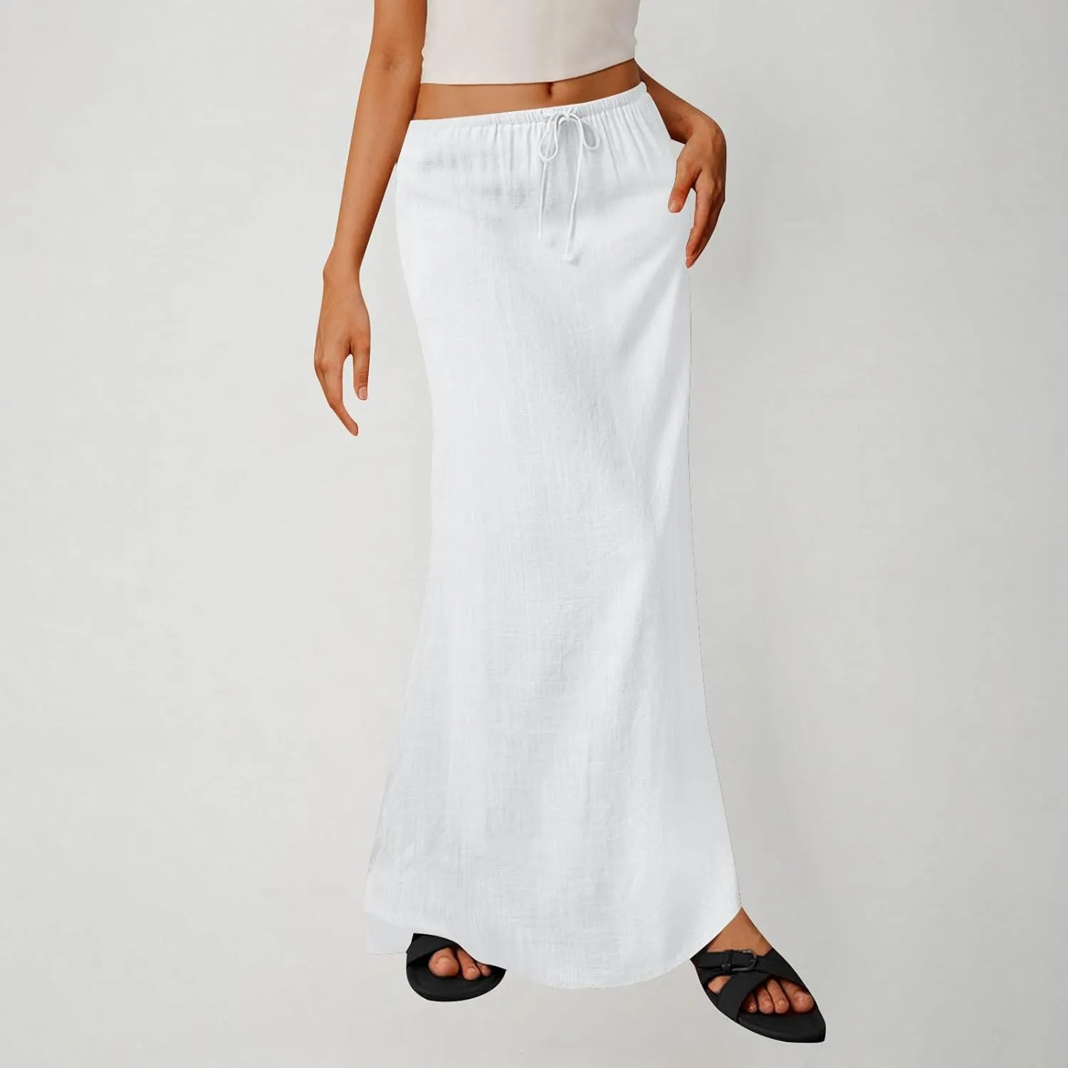 Long Skirts for Women Boho Vacation Flowy Maxi Skirt Lightweight Drawstring Low Rise Ankle Length Slim A Line Skirt