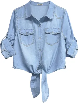 luvamia Denim Tops for Women Trendy Button Down Denim Shirt Tie Front Blouse 3/4 Sleeve Jean Chambray Crop Top Cardigan