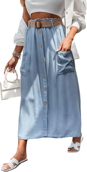 MARZXIN Women 2025 Long Skirts Beau Blue Buttoned Front High Waist Side Pockets Denim Maxi Skirt