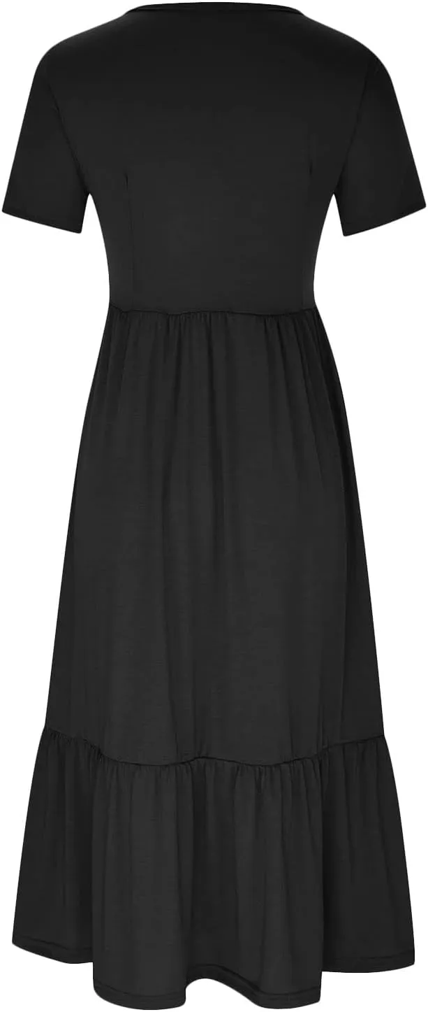 Maxi Dresses for Women 2025 Summer Short Sleeve Crewneck Maxi Dresses Ruffle Tiered Layered Swing Dress Sundress
