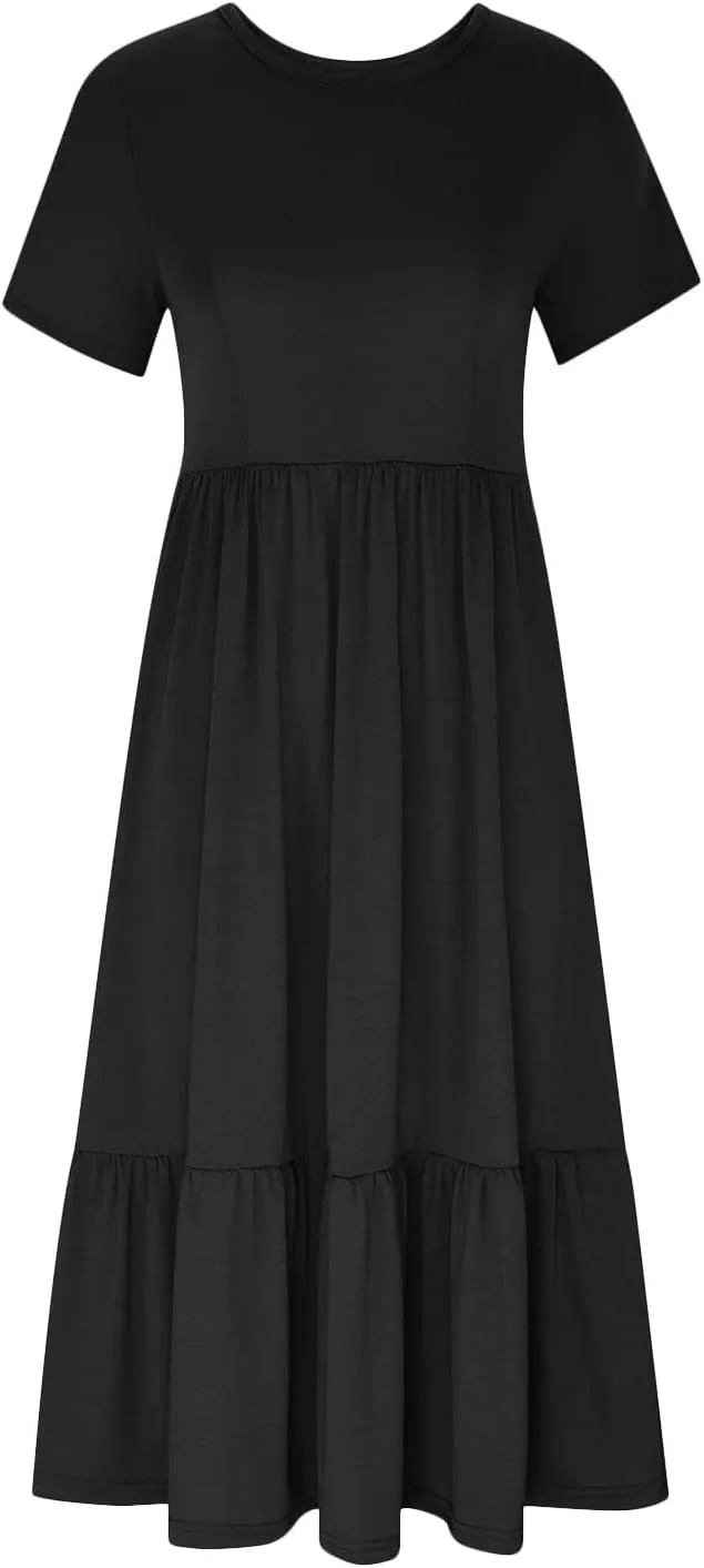 Maxi Dresses for Women 2025 Summer Short Sleeve Crewneck Maxi Dresses Ruffle Tiered Layered Swing Dress Sundress