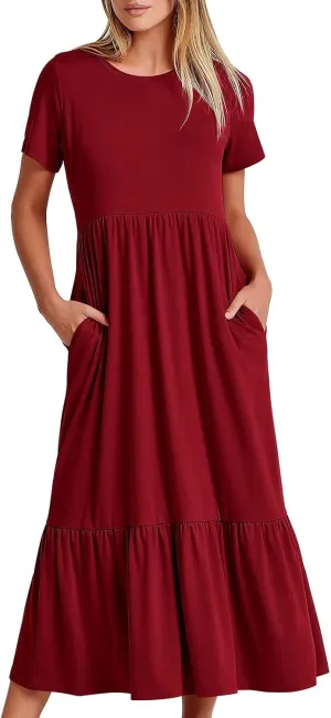 Maxi Dresses for Women 2025 Summer Short Sleeve Crewneck Maxi Dresses Ruffle Tiered Layered Swing Dress Sundress