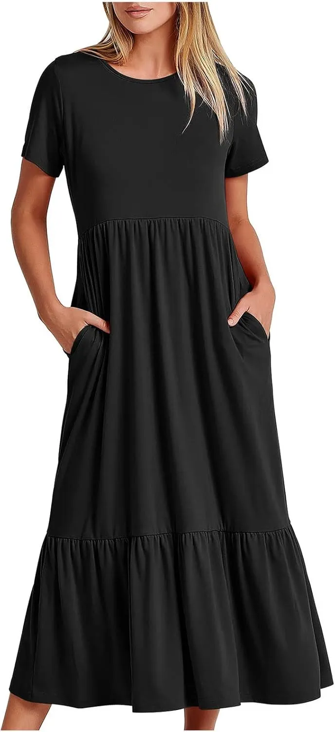 Maxi Dresses for Women 2025 Summer Short Sleeve Crewneck Maxi Dresses Ruffle Tiered Layered Swing Dress Sundress