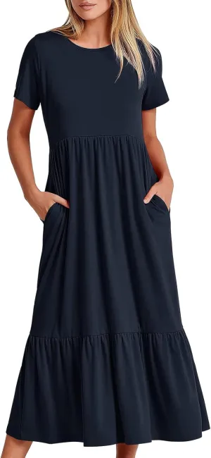 Maxi Dresses for Women 2025 Summer Short Sleeve Crewneck Maxi Dresses Ruffle Tiered Layered Swing Dress Sundress