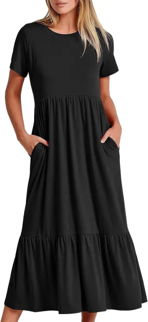 Maxi Dresses for Women 2025 Summer Short Sleeve Crewneck Maxi Dresses Ruffle Tiered Layered Swing Dress Sundress