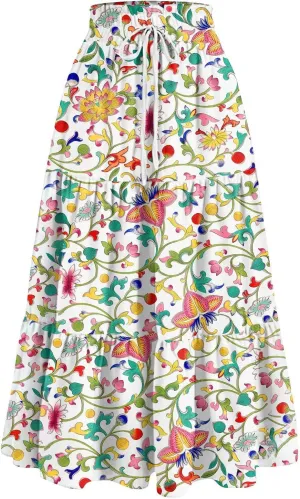 Maxi Skirts for Women 2025 Spring Summer Trendy Elastic Waist Floral Flowy Long Skirt Beach Vacation Clothes