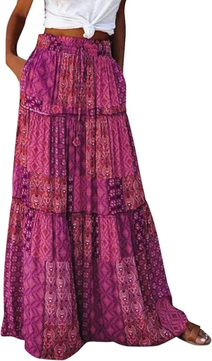 Maxi Skirts for Women Summer Boho Pleated Elastic High Waisted Skirts A-Line Flowy Swing Maxi Skirt with Pockets