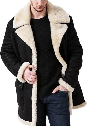 Men Faux Fur Leather Jackets Sherpa Fleece Lined Open Front Lapel Trench Coat Big and Tall Outwears for Winter